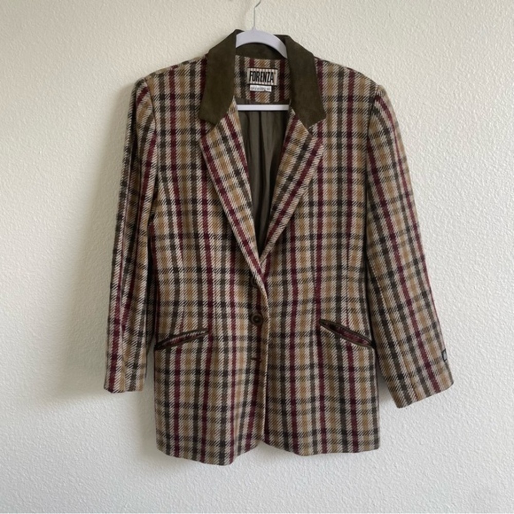 Vintage FORENZA Blazer Women's Size 12 Green Red 100% Wool Check Print Lined
